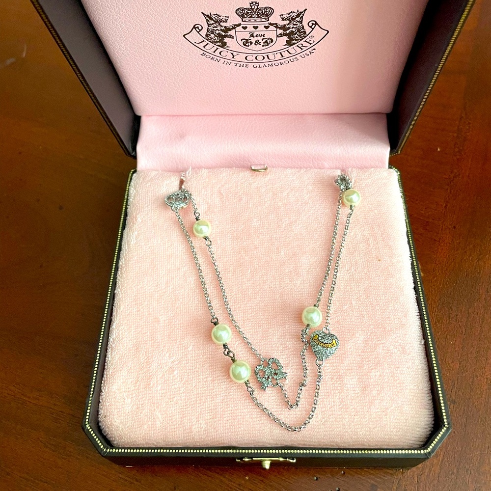 Juicy Couture long silver necklace with pearls/rhinestones 42”